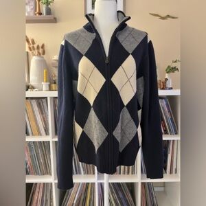 Brooks Brothers Size Medium Scottish Lambswool Zip Up Argyle Cardigan Sweater